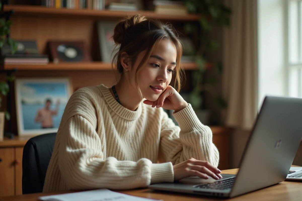 Jeune femme consultant le site fan officiel de Suki Waterhouse sur un ordinateur portable dans un bureau cosy entouré de magazines musicaux