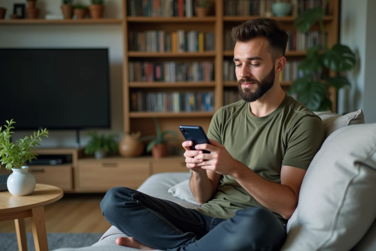 Fan masculin de Suki Waterhouse naviguant sur le site fan de référence depuis son smartphone dans un salon moderne