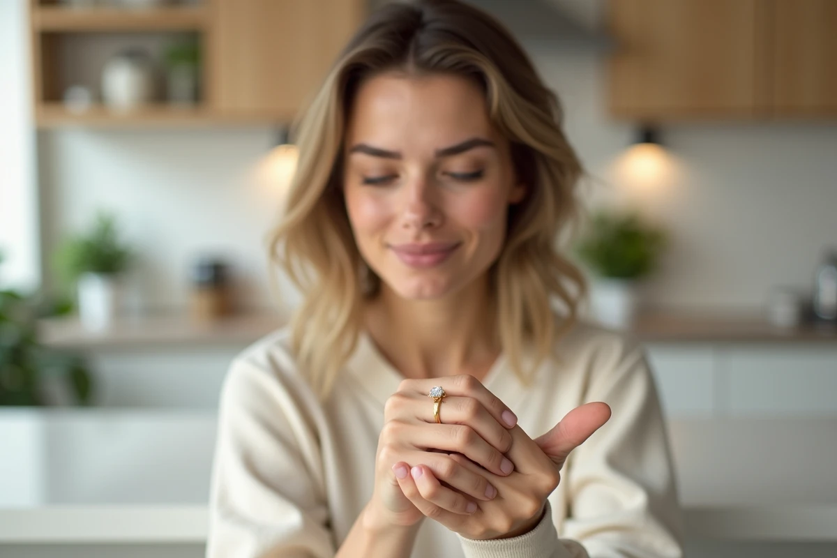 Femme admirant sa bague de fiançailles en or jaune à la main gauche dans une cuisine moderne