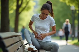 Femme soulagée de ses maux de dos en enlevant sa basket confortable sur un banc de parc urbain