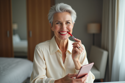 Femme élégante appliquant rouge à lèvres dans sa chambre