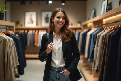 Femme souriante dans une boutique de v&ecirc;tements moderne