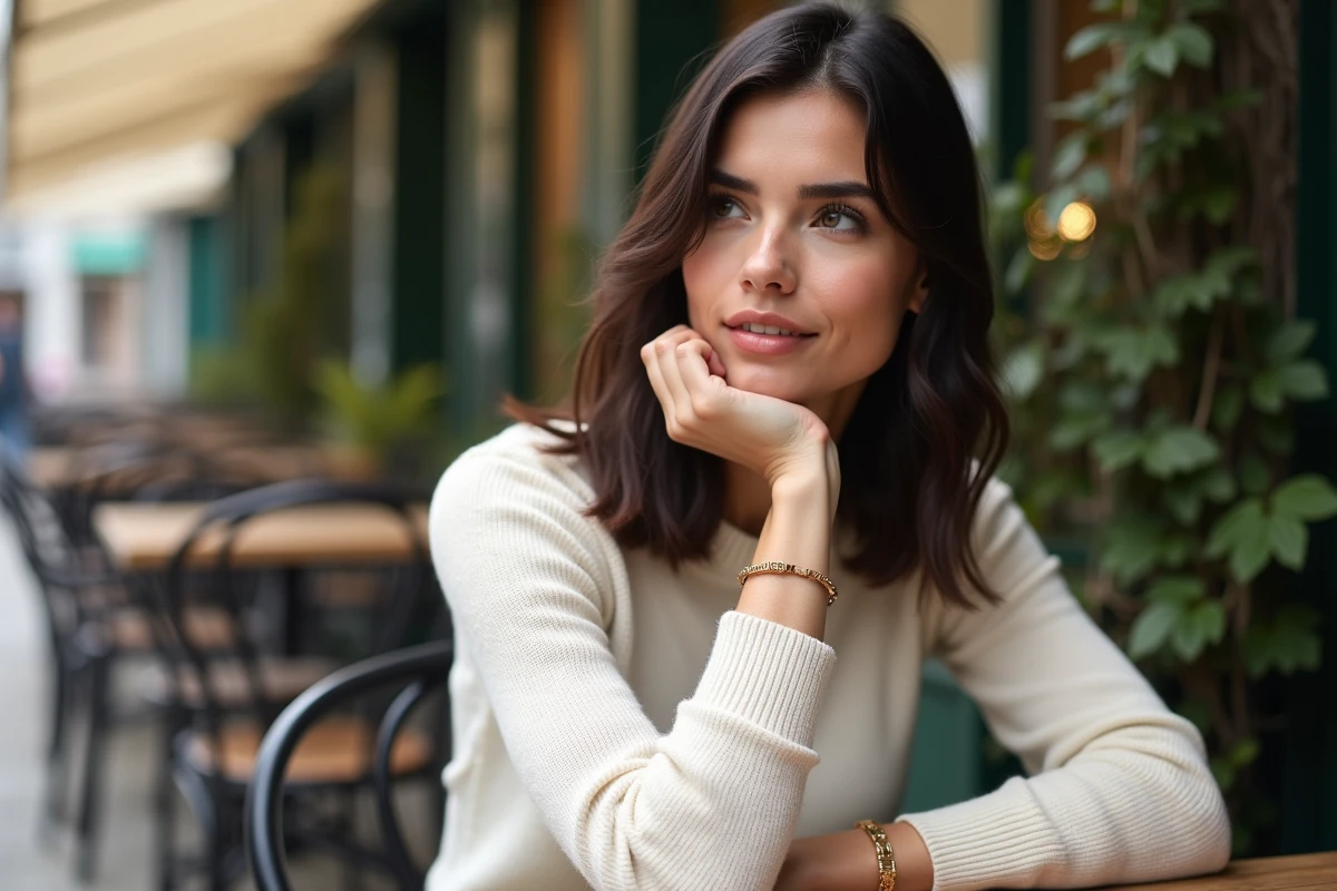 Femme portant un bracelet en or SRD à la terrasse d'un café parisien, style lifestyle urbain