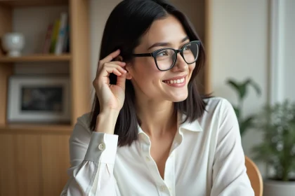 Femme souriante en blouse blanche dans un espace minimaliste