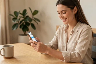 Jeune femme utilisant un code promo sur une application de shopping en ligne depuis son bureau à domicile