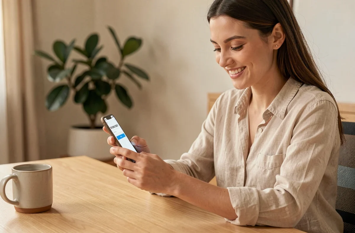 Jeune femme utilisant un code promo sur une application de shopping en ligne depuis son bureau à domicile