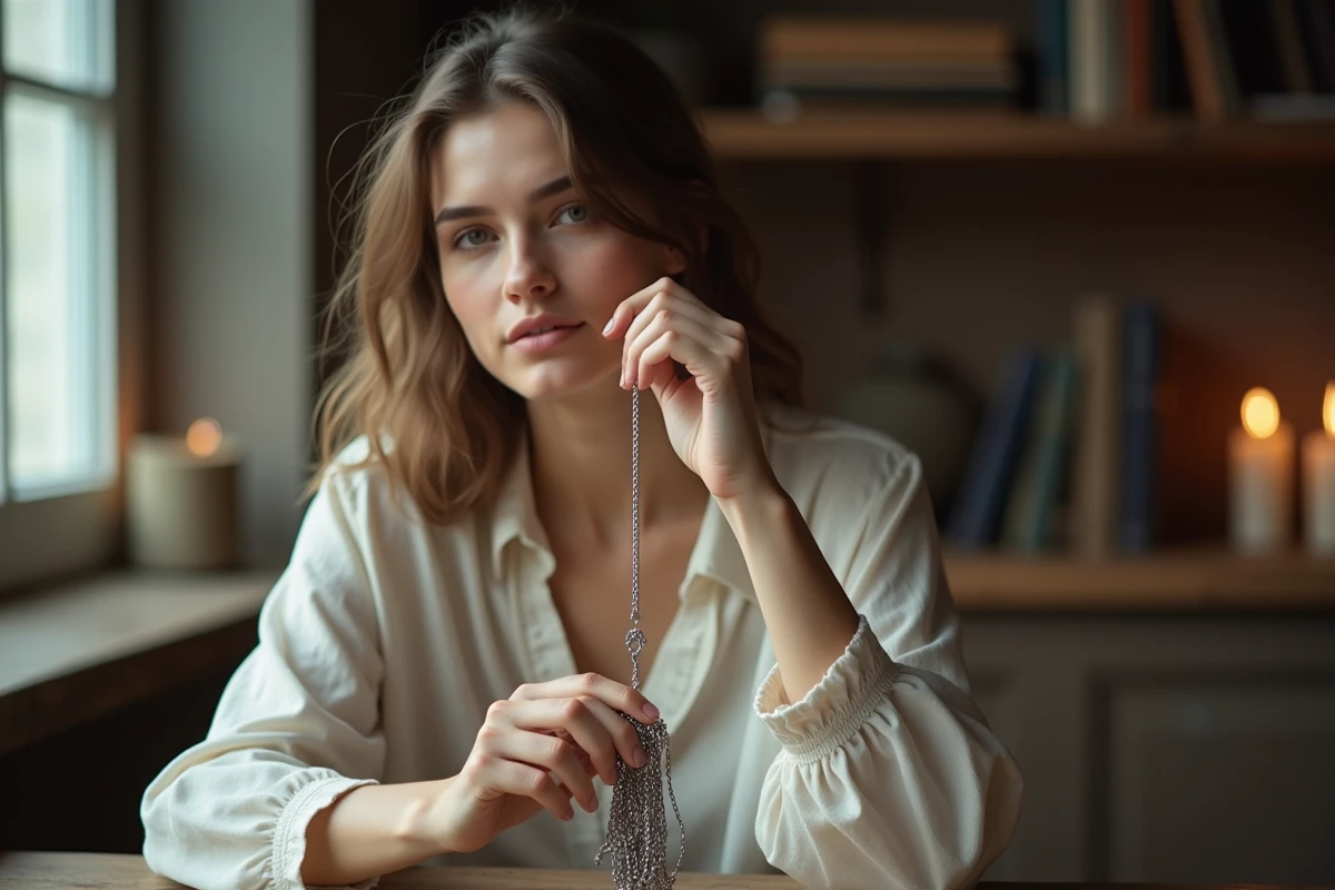 Femme tenant un collier emmêlé avec une expression mélancolique et spirituelle, évoquant la connexion des âmes jumelles