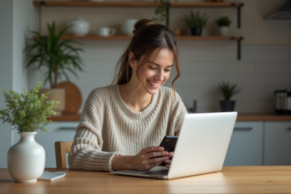 Femme souriante utilisant son smartphone à la maison
