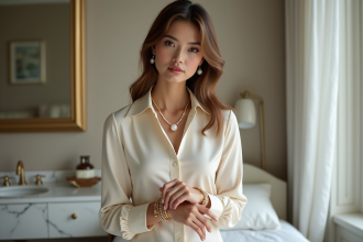 Femme élégante portant une blouse crème et bijoux délicats