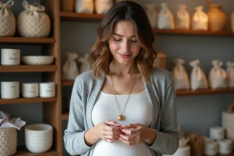 Jeune femme enceinte examine un collier bola de grossesse