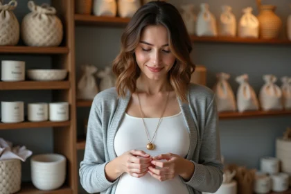 Jeune femme enceinte examine un collier bola de grossesse