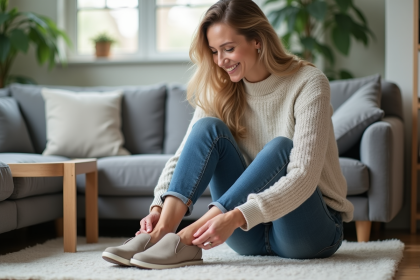 Femme assise sur un canap&eacute; essayant des chaussures de marche