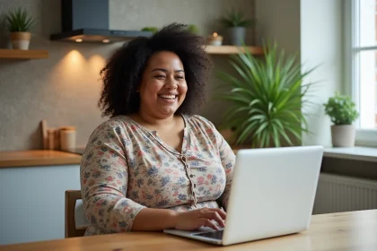 Femme ronde souriante utilisant son ordinateur dans une cuisine moderne