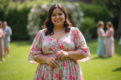Femme plussize souriante en robe fleurie lors d'un mariage en plein air