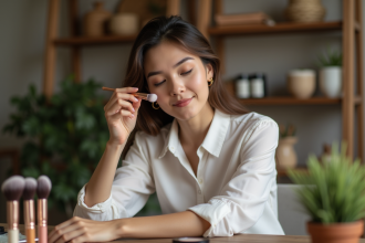 Jeune femme appliquant fond de teint avec douceur