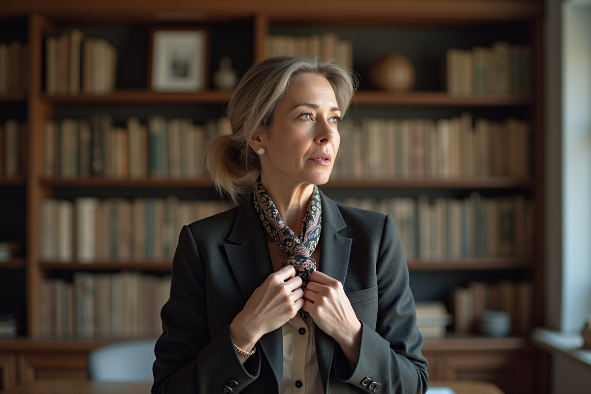 Femme mature ajustant une écharpe dans un bureau calme