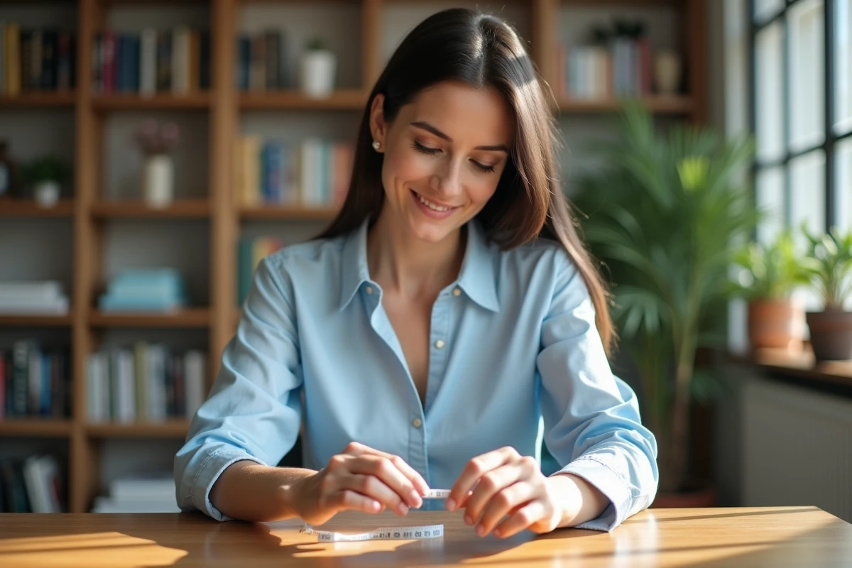 Femme mesurant sa bague avec un ruban à l'index