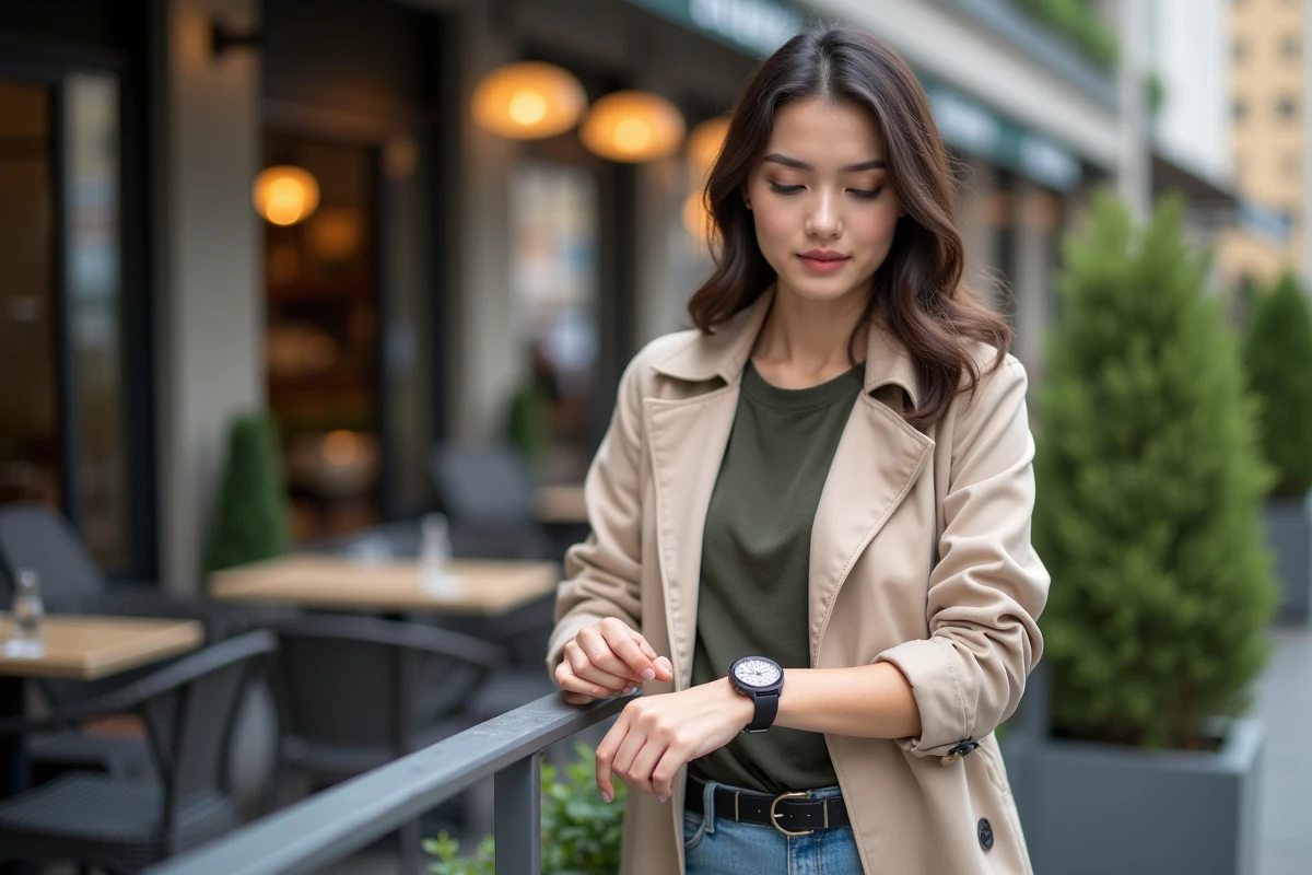Jeune femme regardant sa montre dans un café en ville