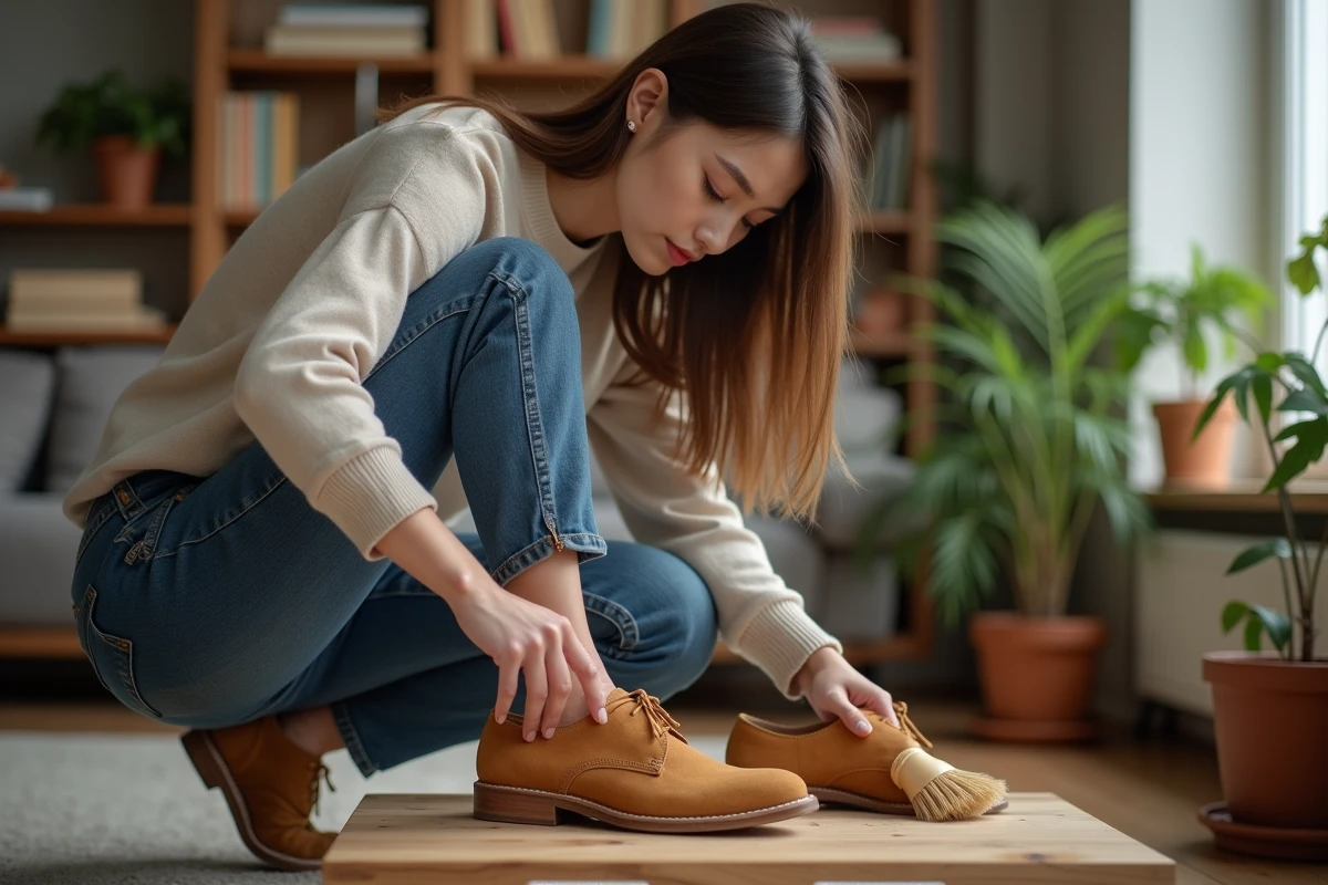 Jeune femme nettoyant une chaussure en suede avec une brosse