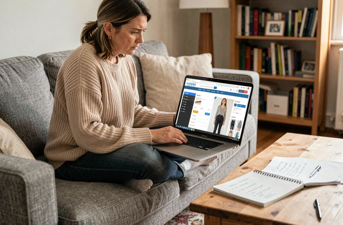 Femme prenant des notes sur la conversion des tailles australiennes en tailles françaises lors d'une commande en ligne