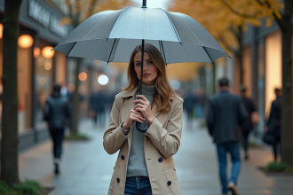 Femme examinant une ombrelle UV protection en ville