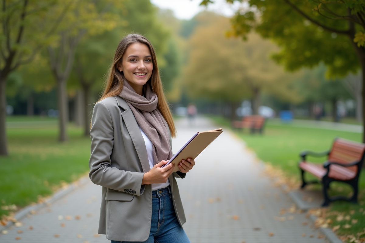 Jeune femme debout dans un parc avec un carnet