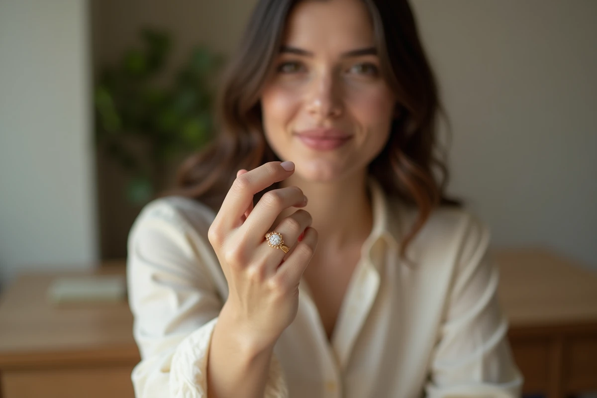 Jeune femme portant une bague en plaqué or à la main gauche, dans un cadre intérieur chaleureux et naturel