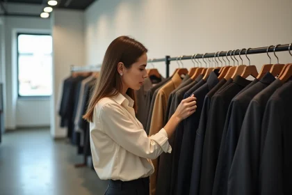 Femme parcourant des vêtements de marque à prix réduit sur un portant dans une boutique moderne