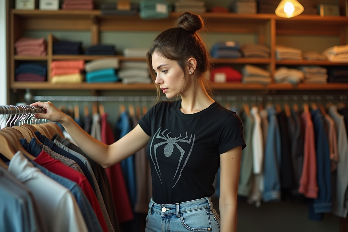 Femme adulte en tee-shirt Spider-Man noir minimaliste associé à un jean clair dans une boutique de vêtements vintage