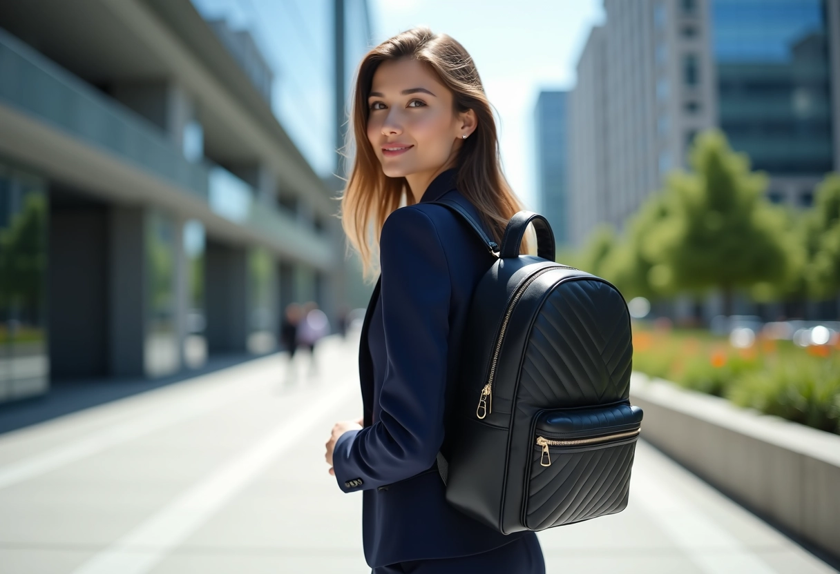 Jeune femme professionnelle avec sac à dos en ville