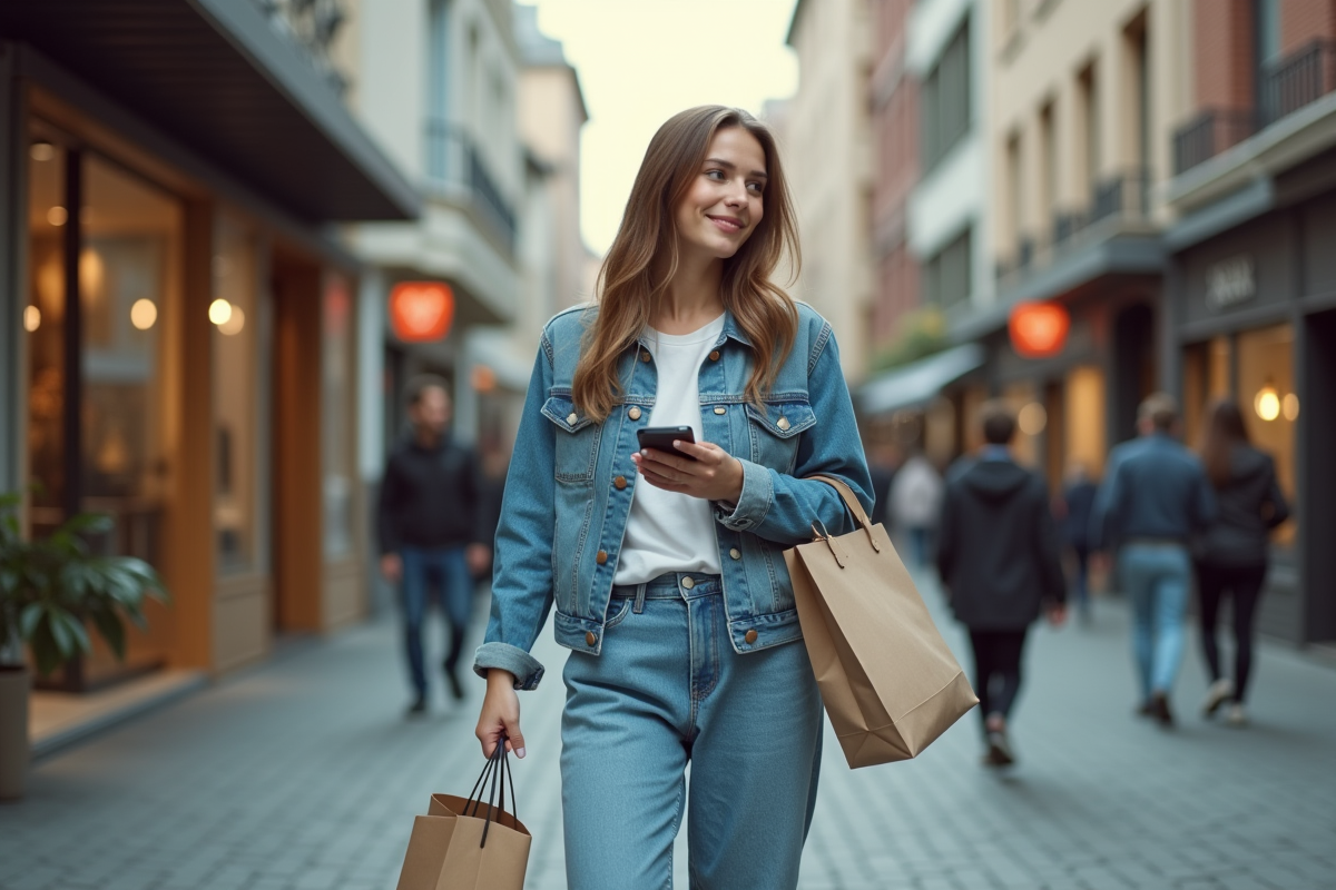 Jeune femme en denim dans une rue urbaine dynamique