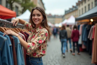 Femme souriante en vide dressing vintage en ville