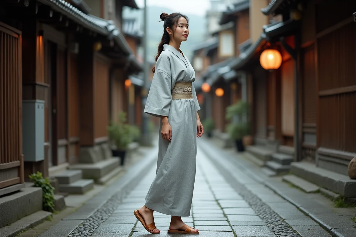 Femme en yukata gris portant des geta hautes en bois laqué dans une rue traditionnelle japonaise