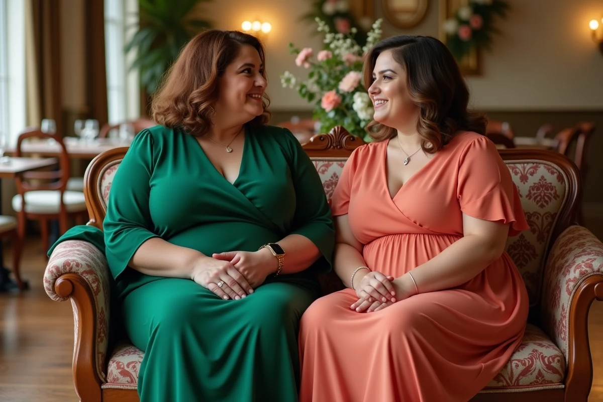 Deux femmes plussize élégantes discutant dans un lieu de mariage intérieur