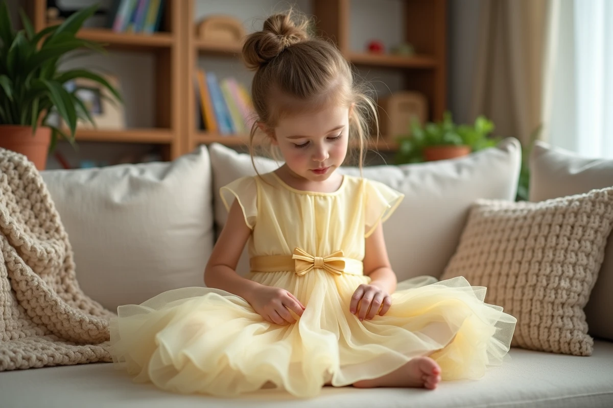 Fillette en robe de princesse jaune fraîchement lavée assise sur un canapé et inspectant le tissu avec soin