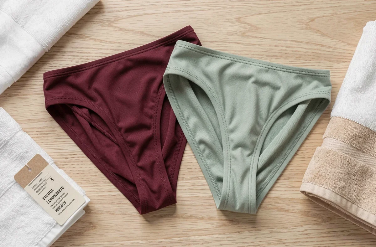 Flat lay de deux culottes de bain menstruelles bordeaux et vert sauge sur fond en bois