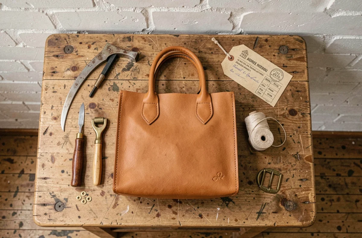 Flat lay d'un sac en cuir artisanal français entouré d'outils de maroquinerie sur un établi en chêne