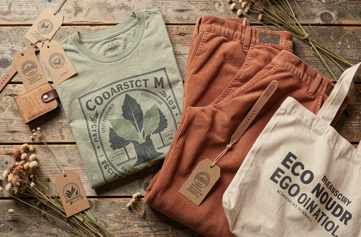 Flat lay éditorial de vêtements streetwear écoresponsables incluant un t-shirt en chanvre, un pantalon en velours côtelé deadstock et des accessoires durables sur bois recyclé