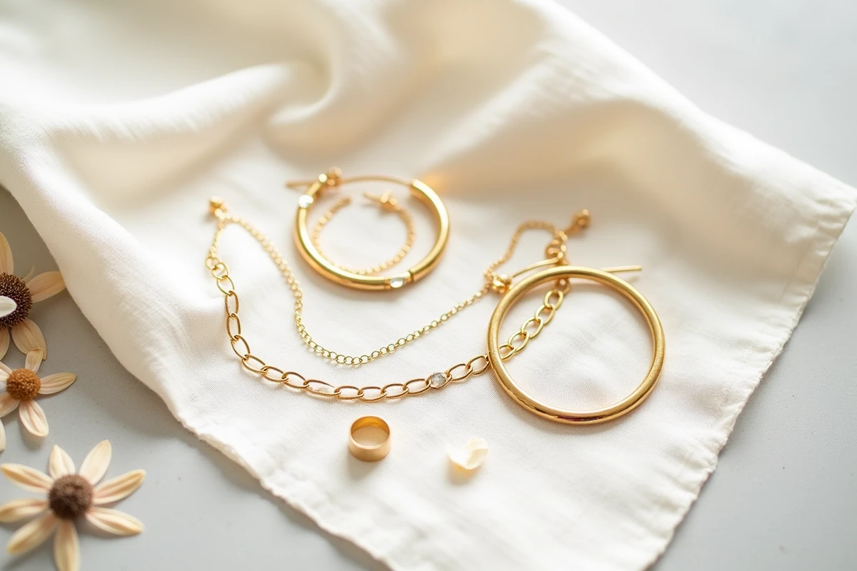 Flat-lay de bijoux femme SRD en or sur tissu lin avec boucles d'oreilles, bracelet et bague