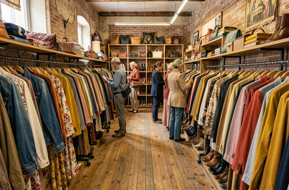 Intérieur d'une friperie animée dans l'Hérault avec des portants colorés et des clients qui fouillent parmi les vêtements vintage
