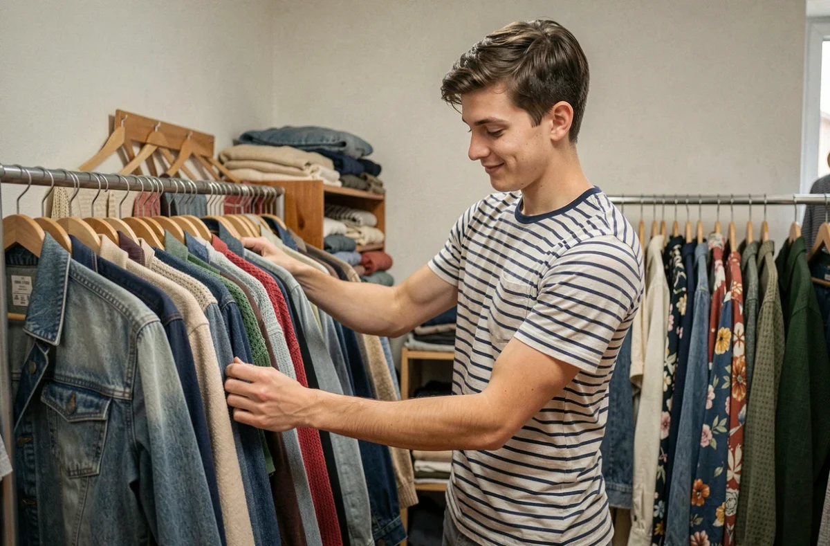 Friperie de quartier accessible avec un jeune homme en t-shirt rayé parcourant un portant dense de vestes vintage, ambiance simple et conviviale avec des tringles en bois