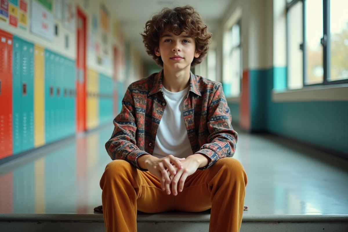 Garçon lycéen en vêtements tendance dans un couloir