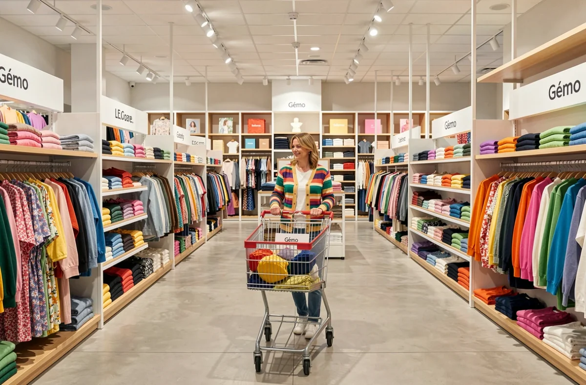 Allée du magasin Gémo à Valence avec une cliente faisant ses achats parmi les rayons de vêtements féminins