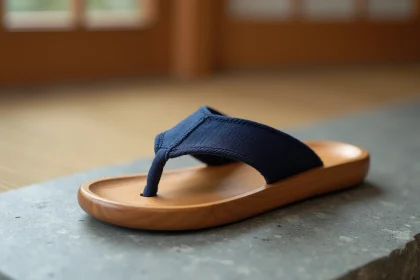 Geta traditionnelle en bois avec bride en coton indigo posée sur une surface en pierre, vue en détail