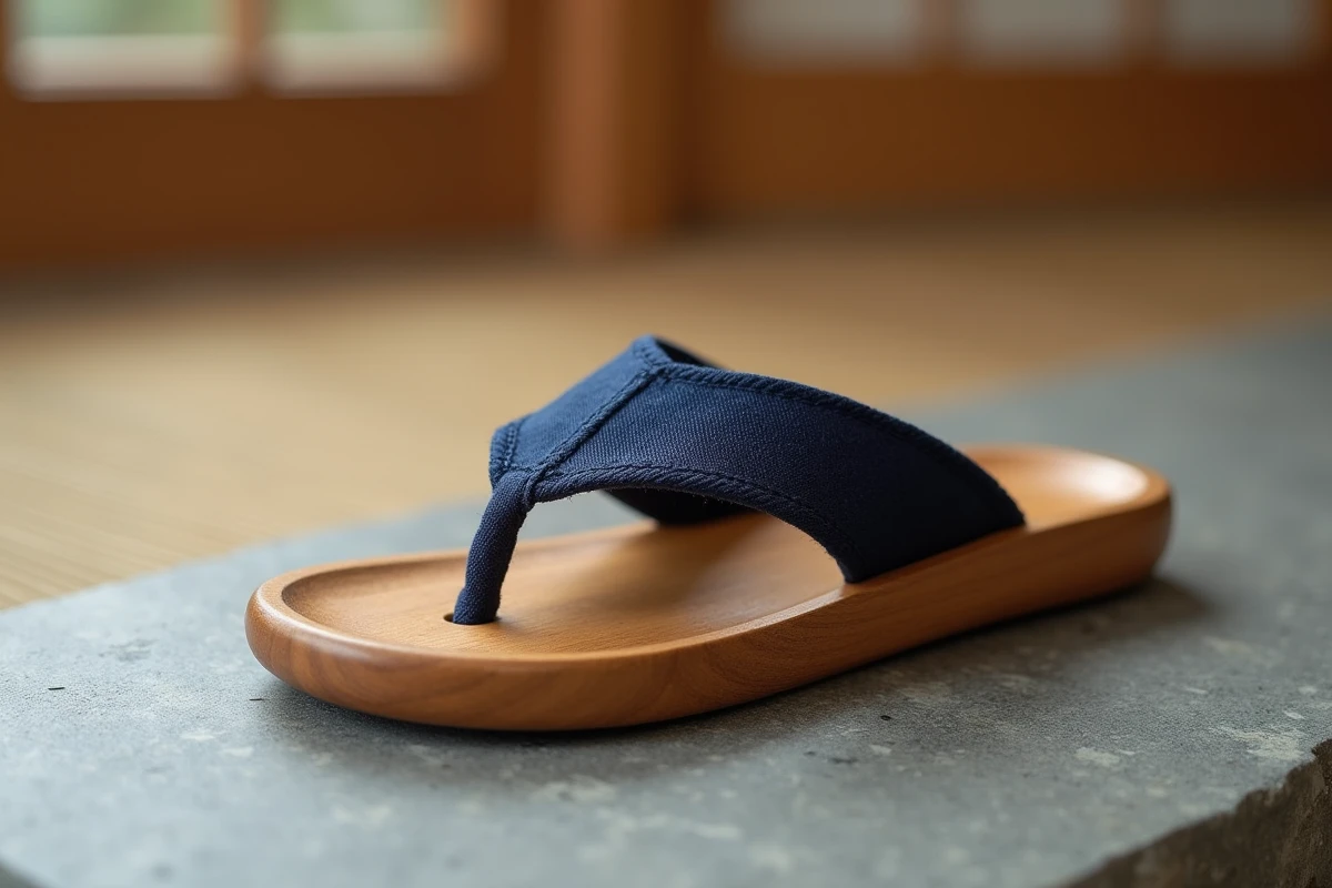 Geta traditionnelle en bois avec bride en coton indigo posée sur une surface en pierre, vue en détail