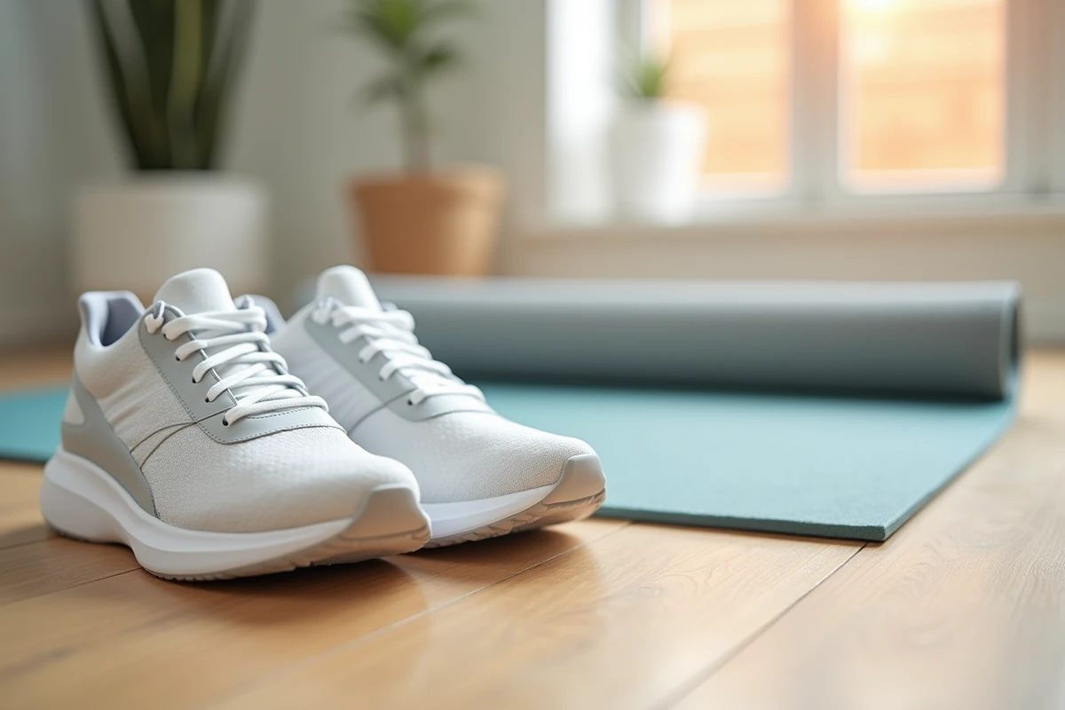 Gros plan sur des baskets ergonomiques coussinées posées sur un parquet en bois près d'un tapis de yoga pour soulager le dos