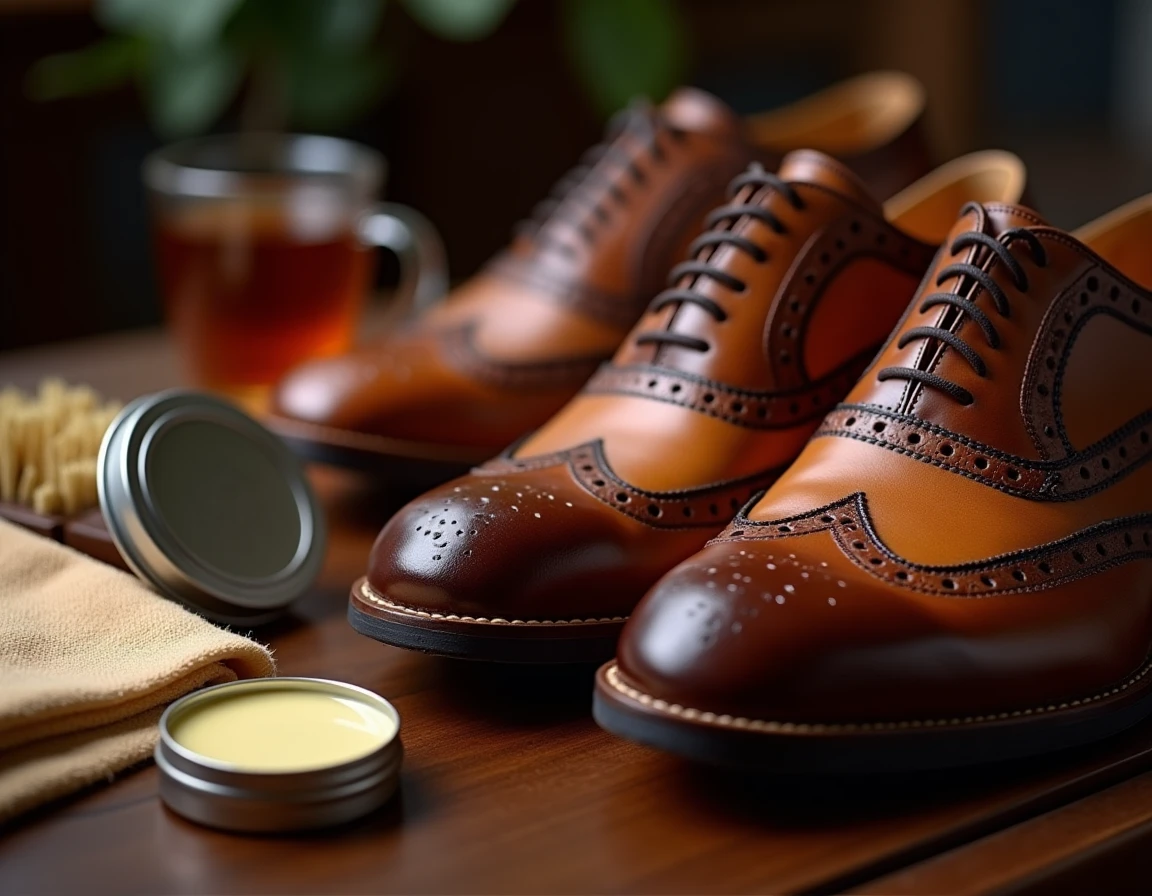 Gros plan sur le cirage artisanal de chaussures brogues en cuir marron, brosse et cire sur bureau en bois, soin minutieux et détente