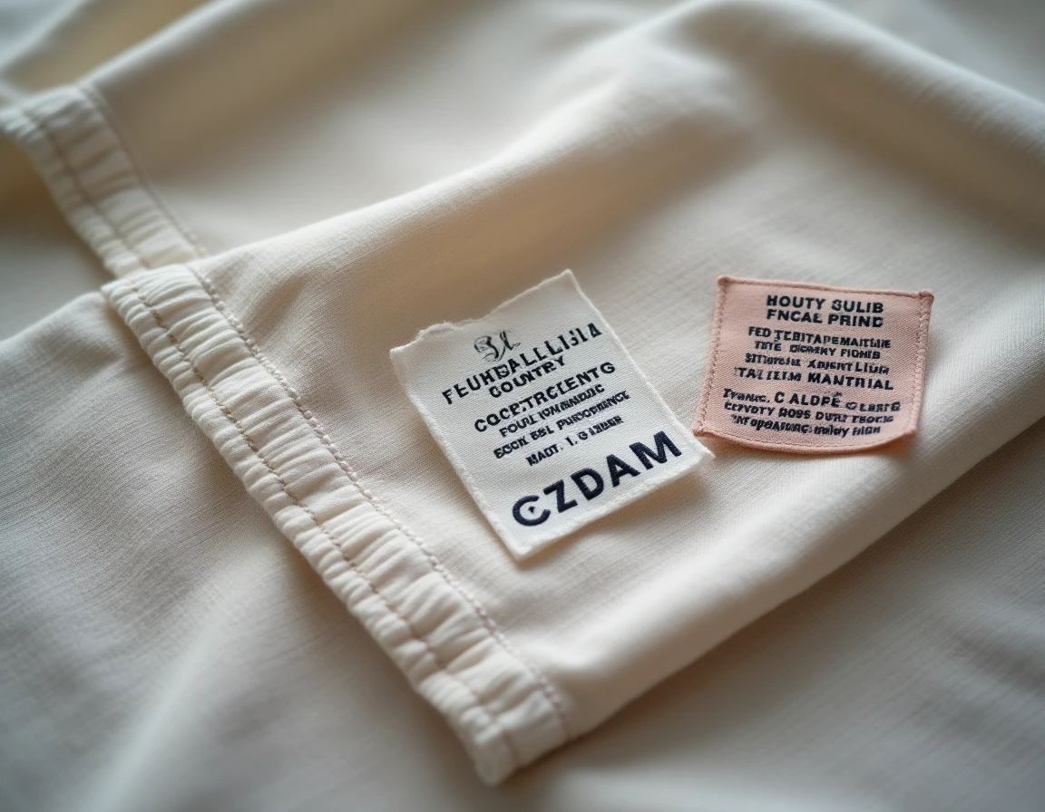 Gros plan sur trois étiquettes de vêtements indiquant différents pays de fabrication posées sur un tissu en lin brut