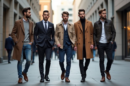 Groupe d'hommes stylés en styles urbains variés en ville