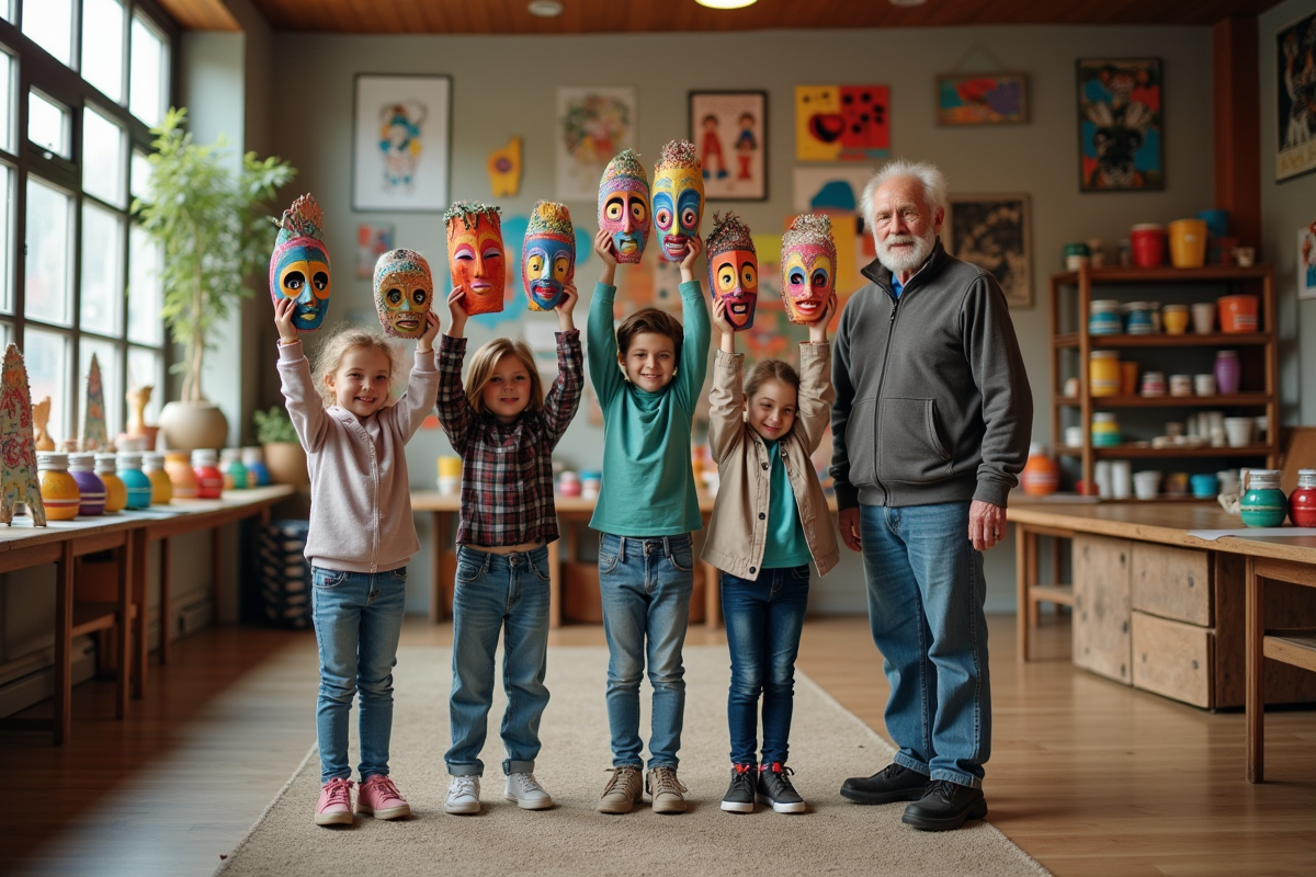 Groupe multigenerationnel avec masques en centre communautaire